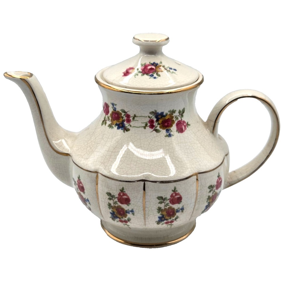 Arthur Wood Donegal TEAPOT with RED Roses and Gold Trim -CRAZING Made in England